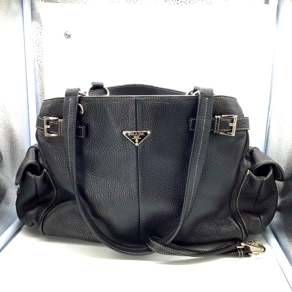 PRADA Black pebbled leather tote